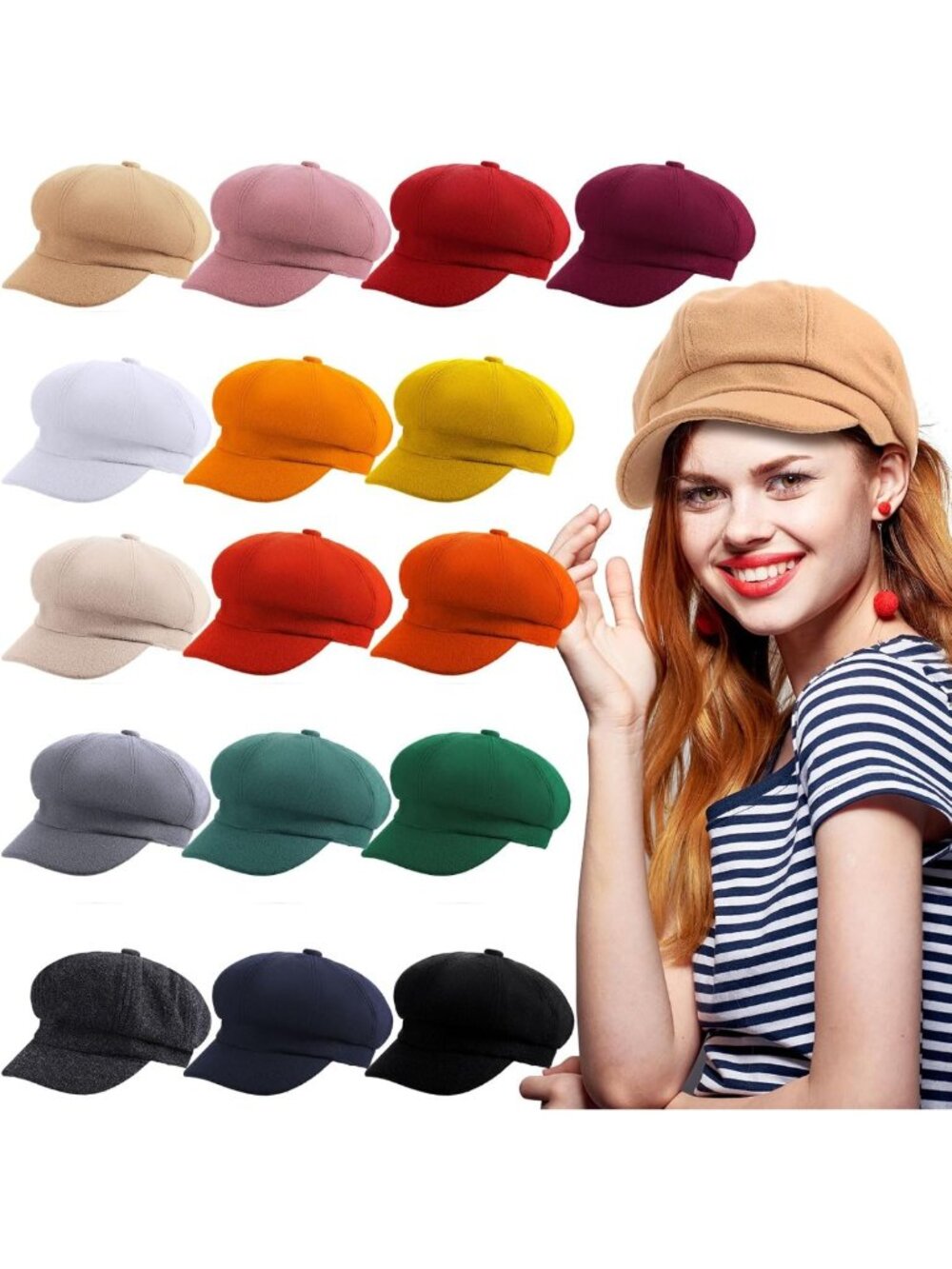 16 Pcs Women's Vintage Newsboy Hats, Wool Beret Caps, Cabbie & Sailor Styles